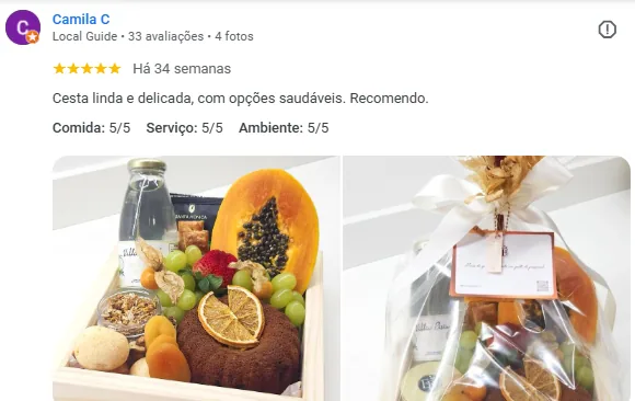 Print de avaliação 5 estrelas — cliente elogiando a montagem da cesta EuroBox Gourmet